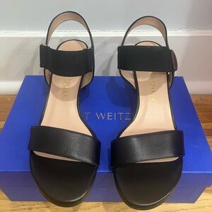 New with Box, Stuart Weitzman “Shaila 50” Black Leather Open Toe Sandal, sz 10.